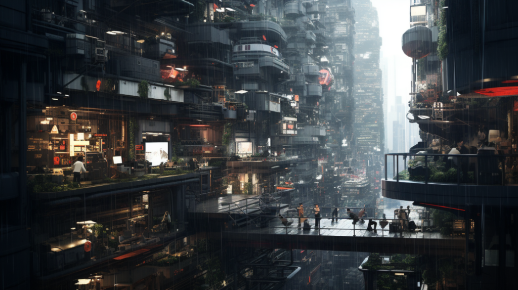 Lebendige futuristische Stadtansicht mit zahlreichen Ebenen und lebhaften Geschäften, die in einem Cyberpunk-Szenario eingebettet sind.