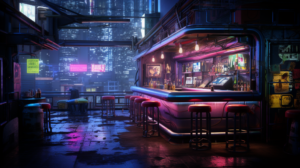 Stimmungsvolle Neon-Bar in einer Cyberpunk-Welt mit lebendigen Farben und einem Ausblick auf die hochtechnologische Skyline.