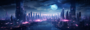 Atemberaubende nächtliche Skyline einer futuristischen Metropole beleuchtet durch neonfarbene Lichter unter einem großen Mond.